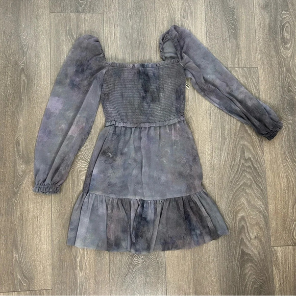 Aritzia Wilfred Tempest Mini Dress Smocked bodice Chiffon Puff Sleeve Purple - Picture 11 of 16